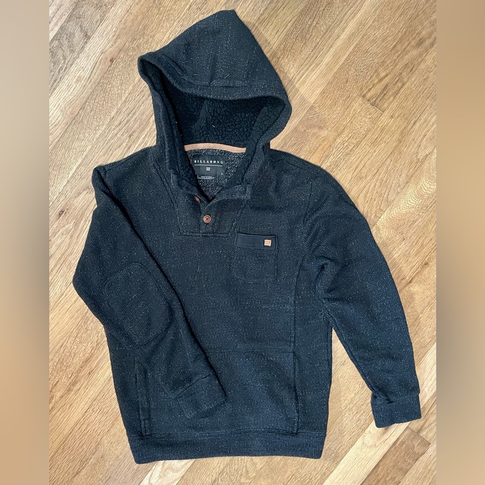 Large Boys Billabong Hoodie - Black with Brown Buttons and Details